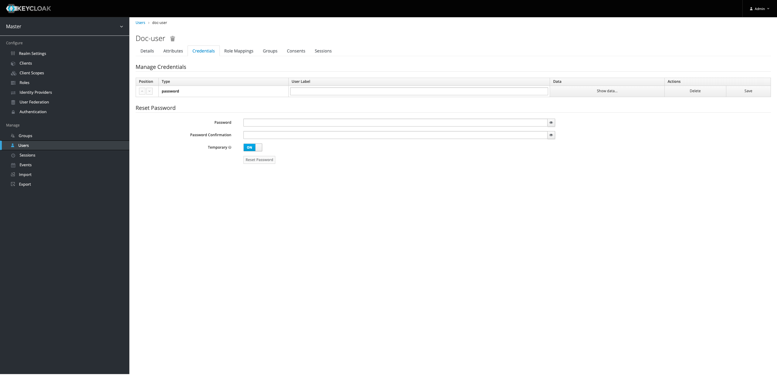 Credentials tab with the Password, Password Confirmation, and Temporary toggle fields