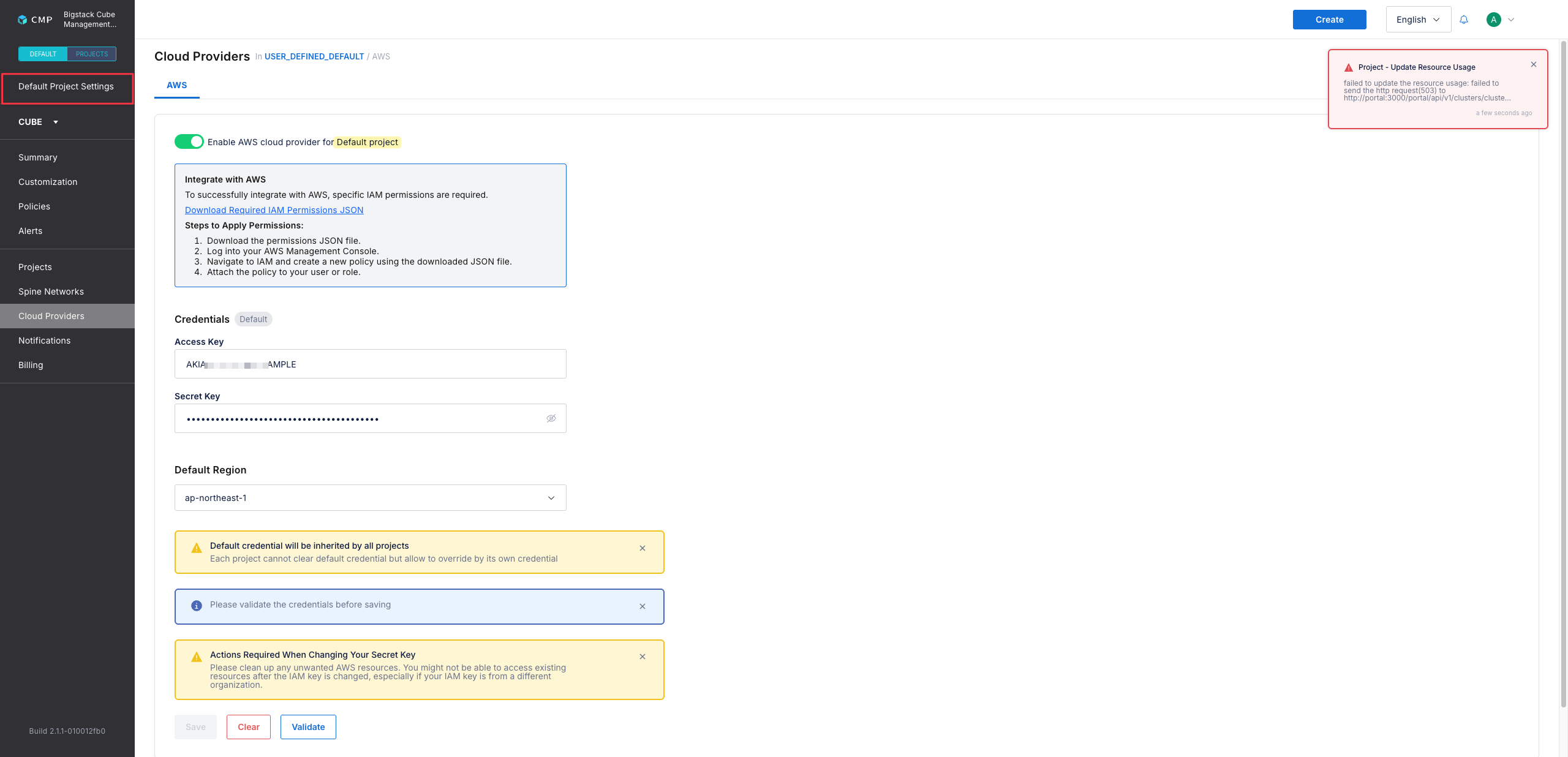 Cloud Providers page for the DEFAULT project with Access Key, Secret Key, and Default Region fields