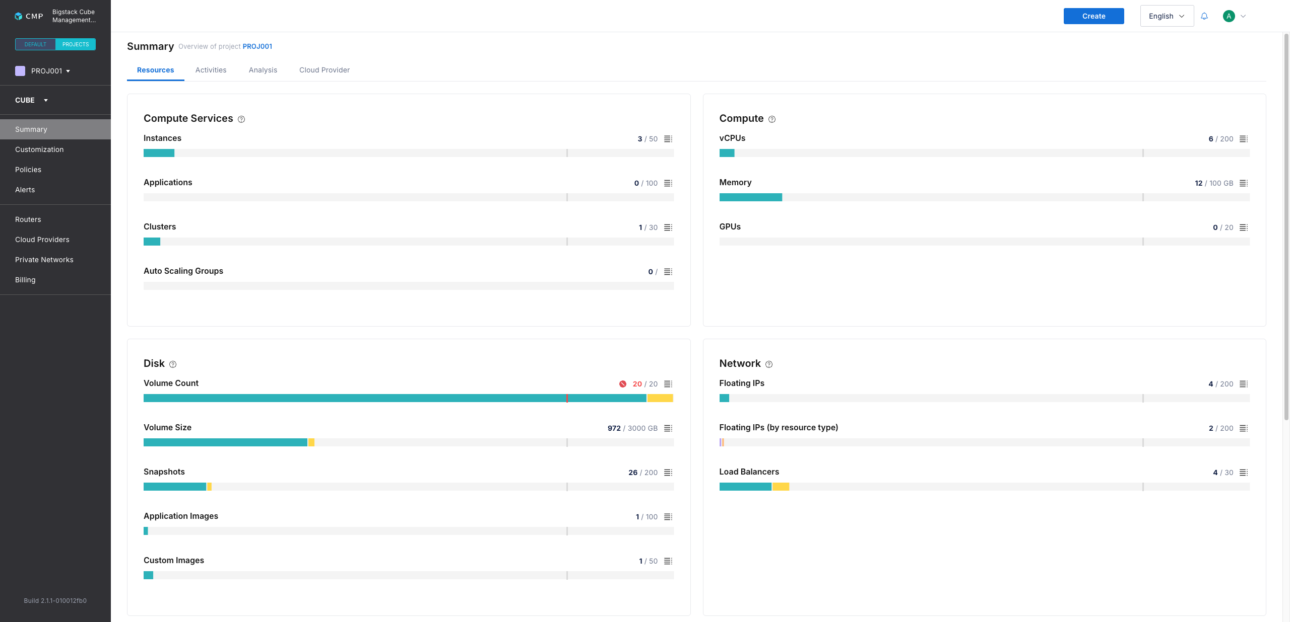 PROJECTS management section with the selected project name shown in the left sidebar