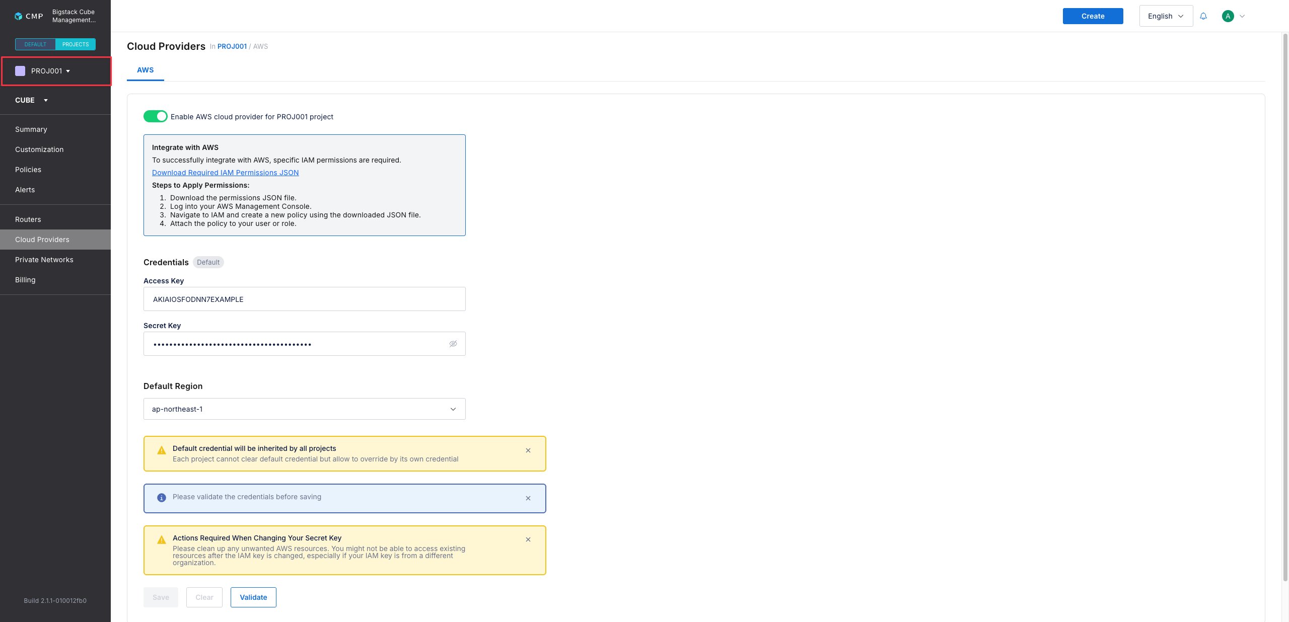 Cloud Providers page for an individual project