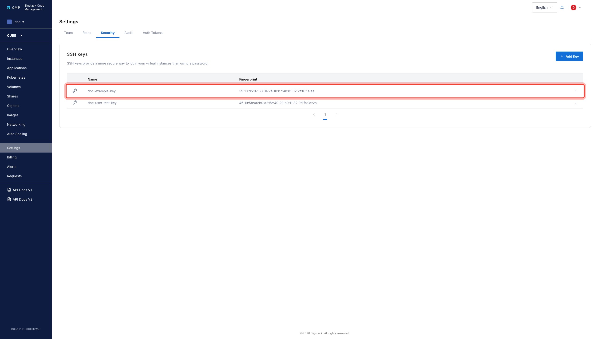 Security tab showing the newly added key