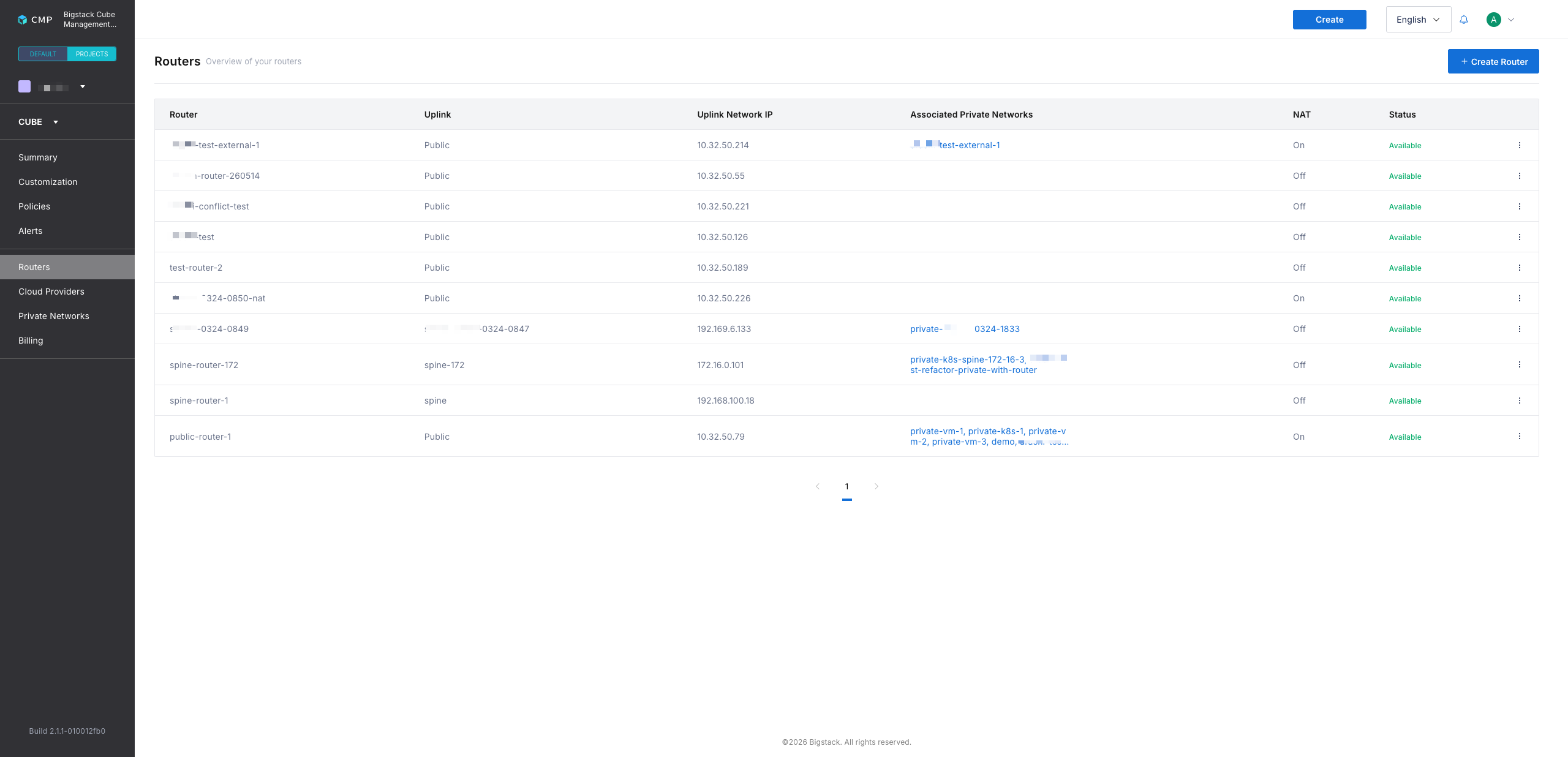 Routers tab listing existing routers for the selected project