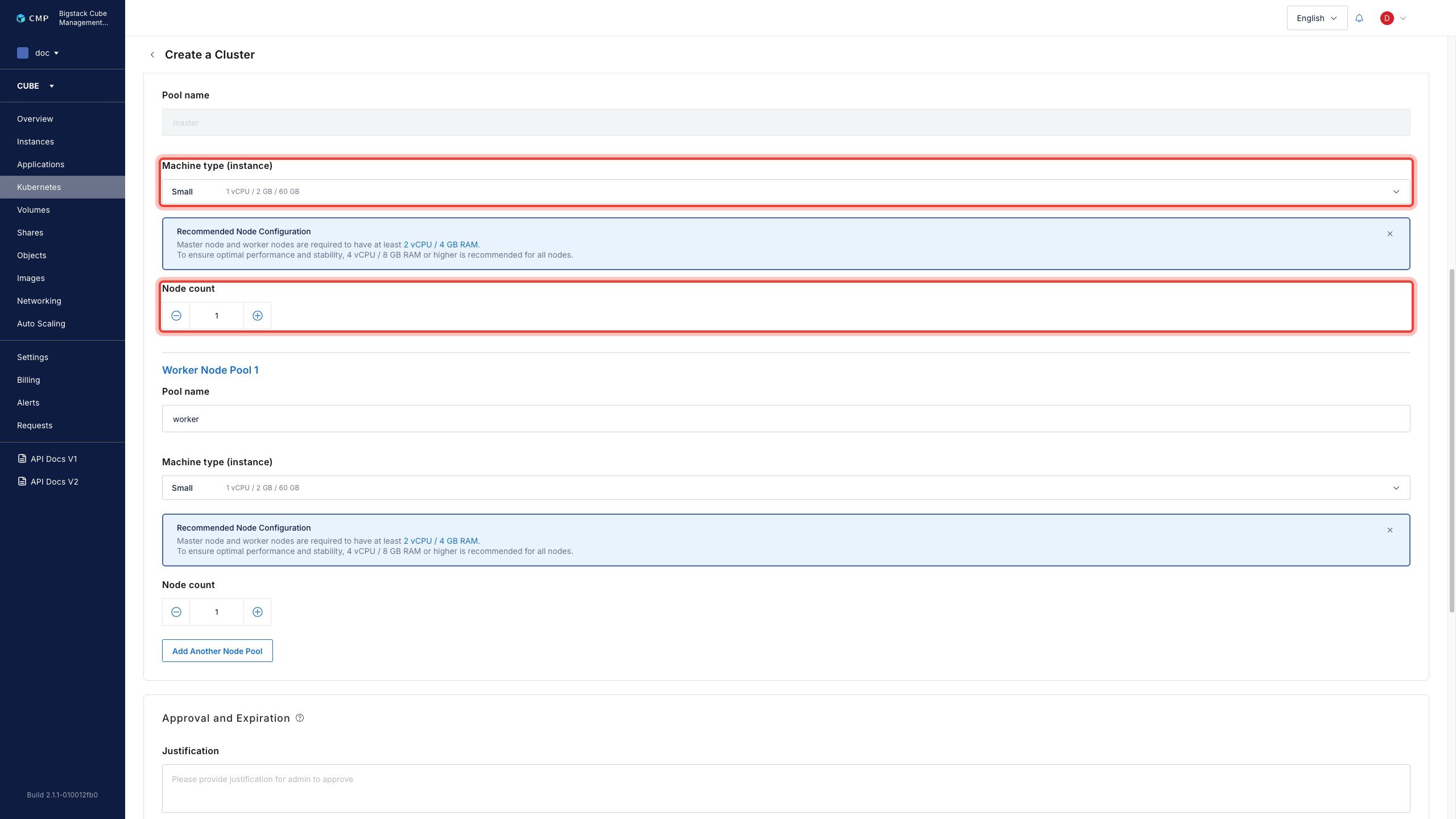 Master Node Pool configuration