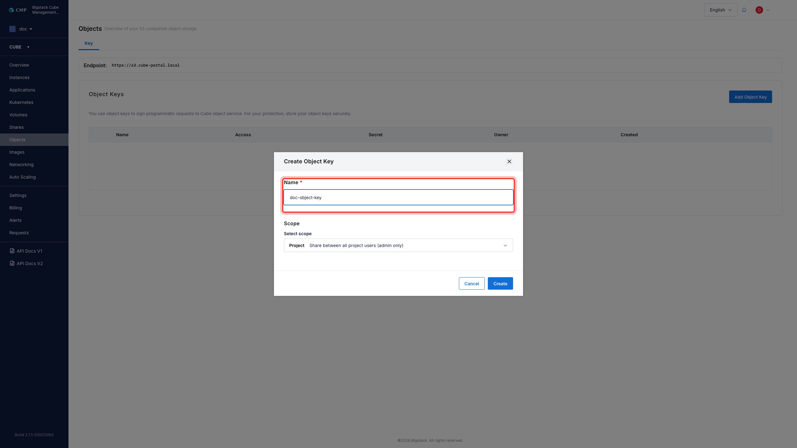 Create Object Key dialog
