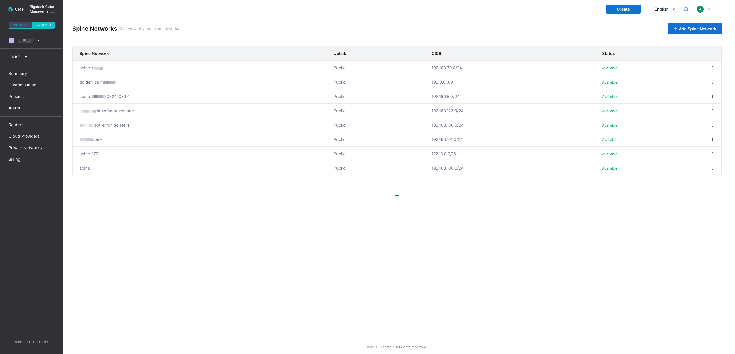 Spine Networks page listing existing spine networks