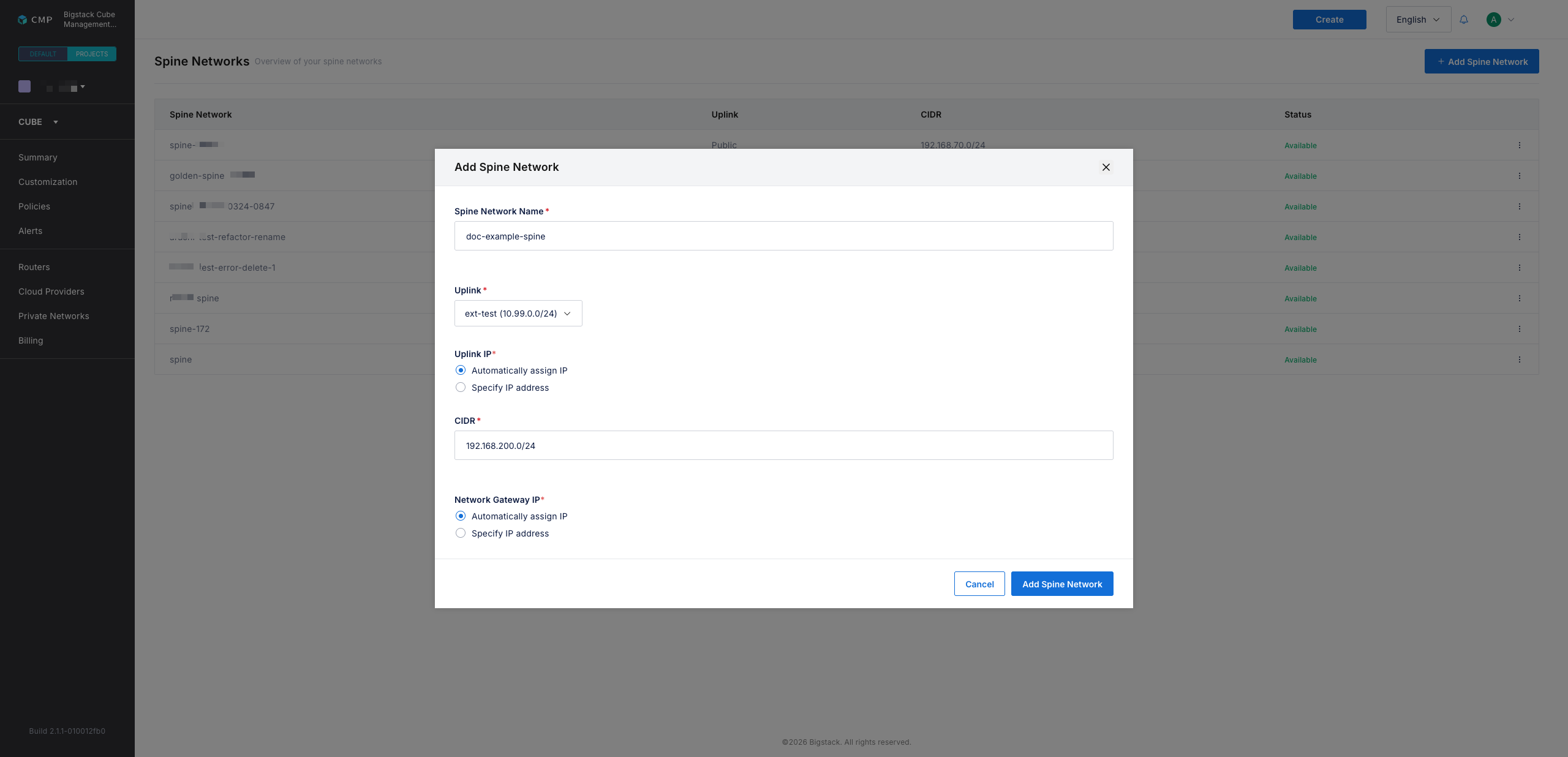 Add Spine Network dialog with the Name, Uplink, CIDR, and Gateway IP fields filled in