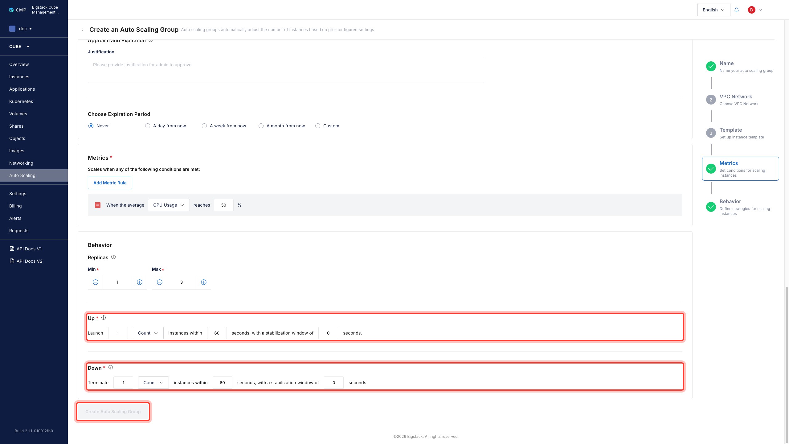 Scale up/down stabilization window and Create Auto Scaling Group button