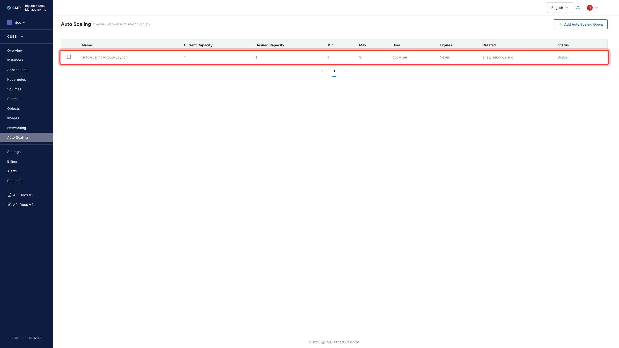 Auto Scaling overview page showing the newly created, active ASG