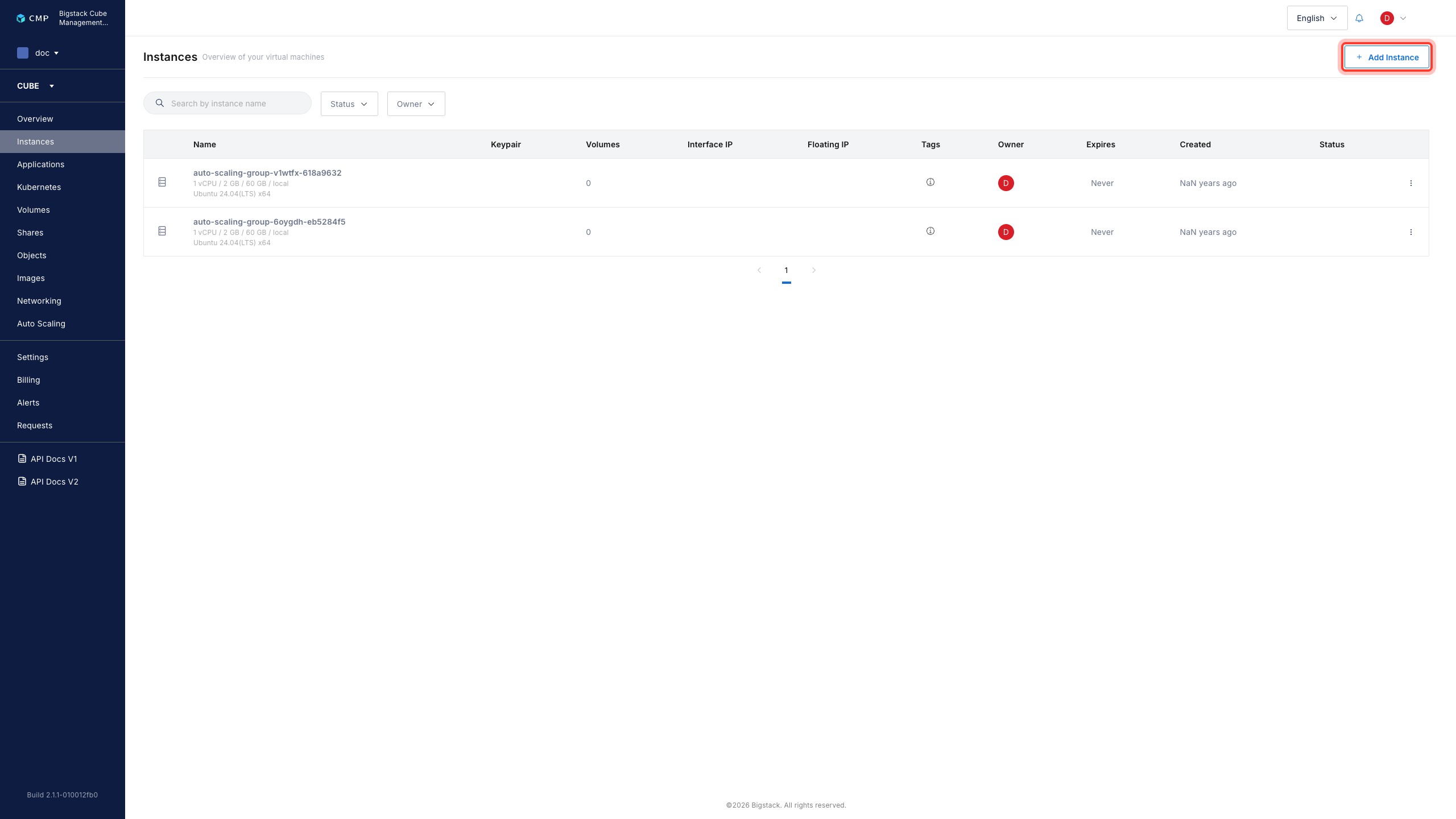 Instances page