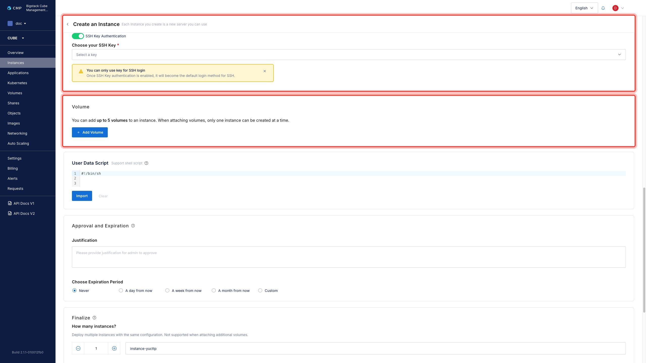 Authentication and Volume sections