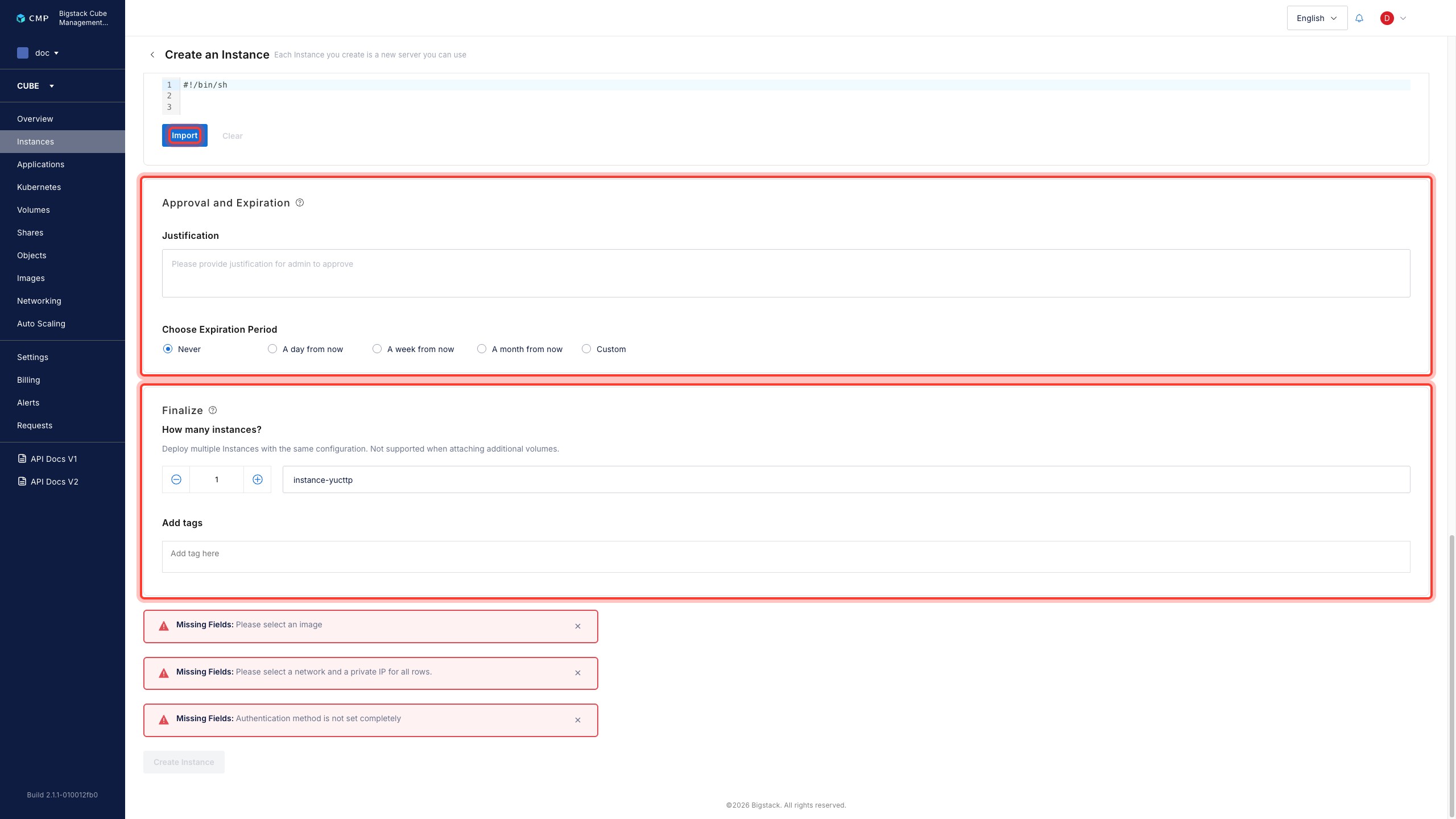 Import, Approval and Expiration, and Finalize sections