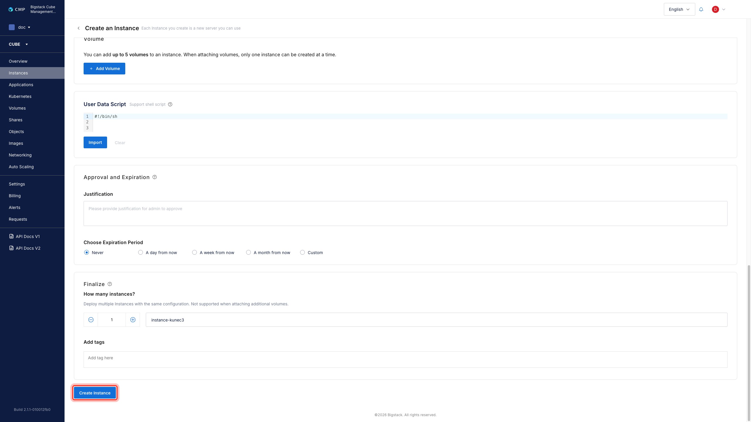 Create Instance button