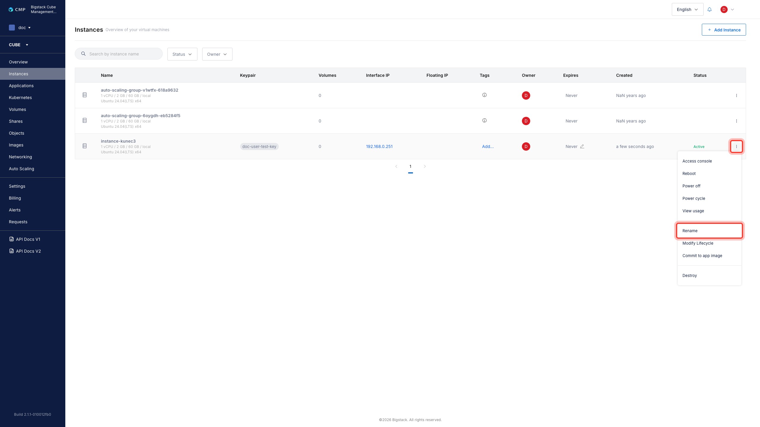 Instance actions menu