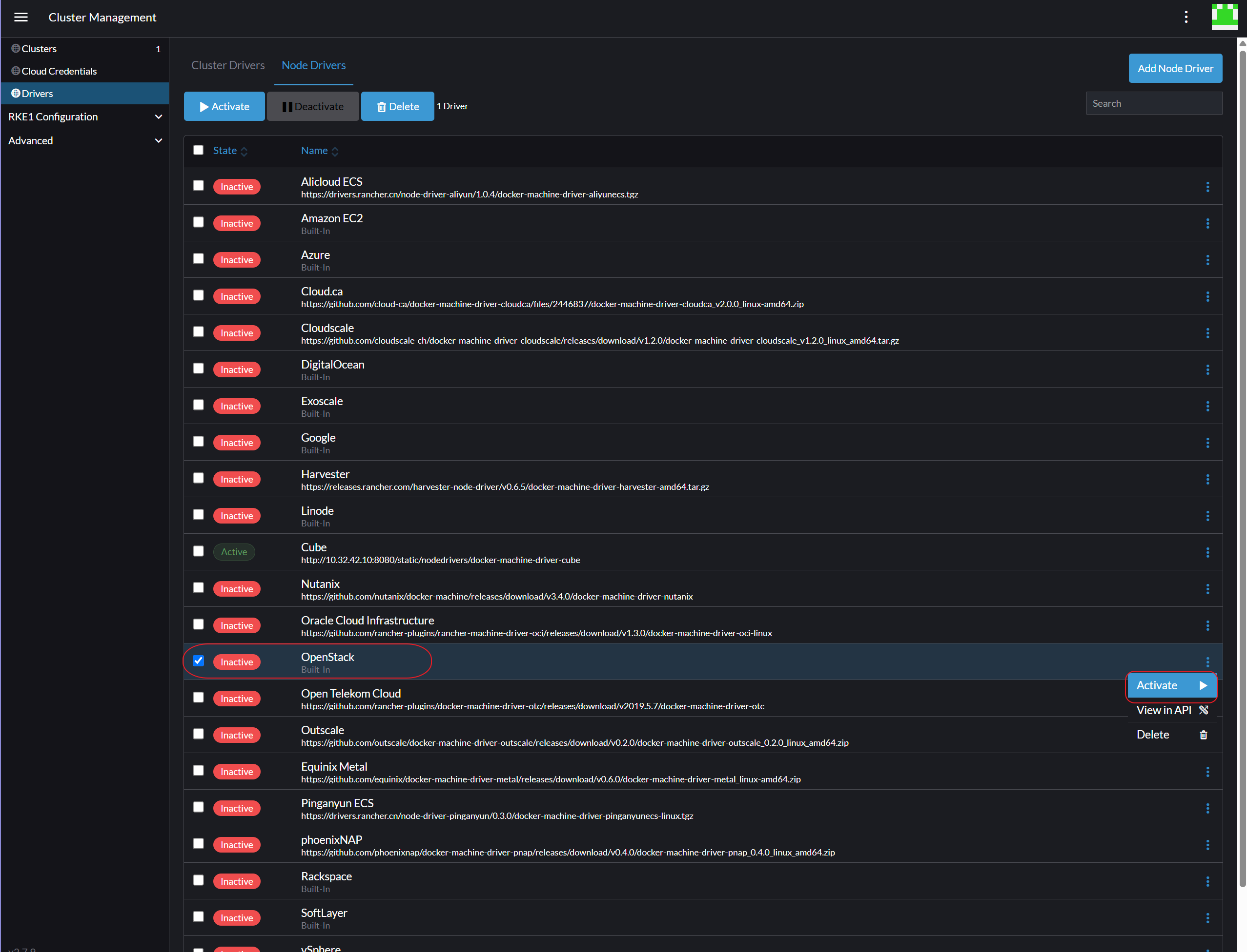 「Active」オプションが選択されたOpenStackドライバー
