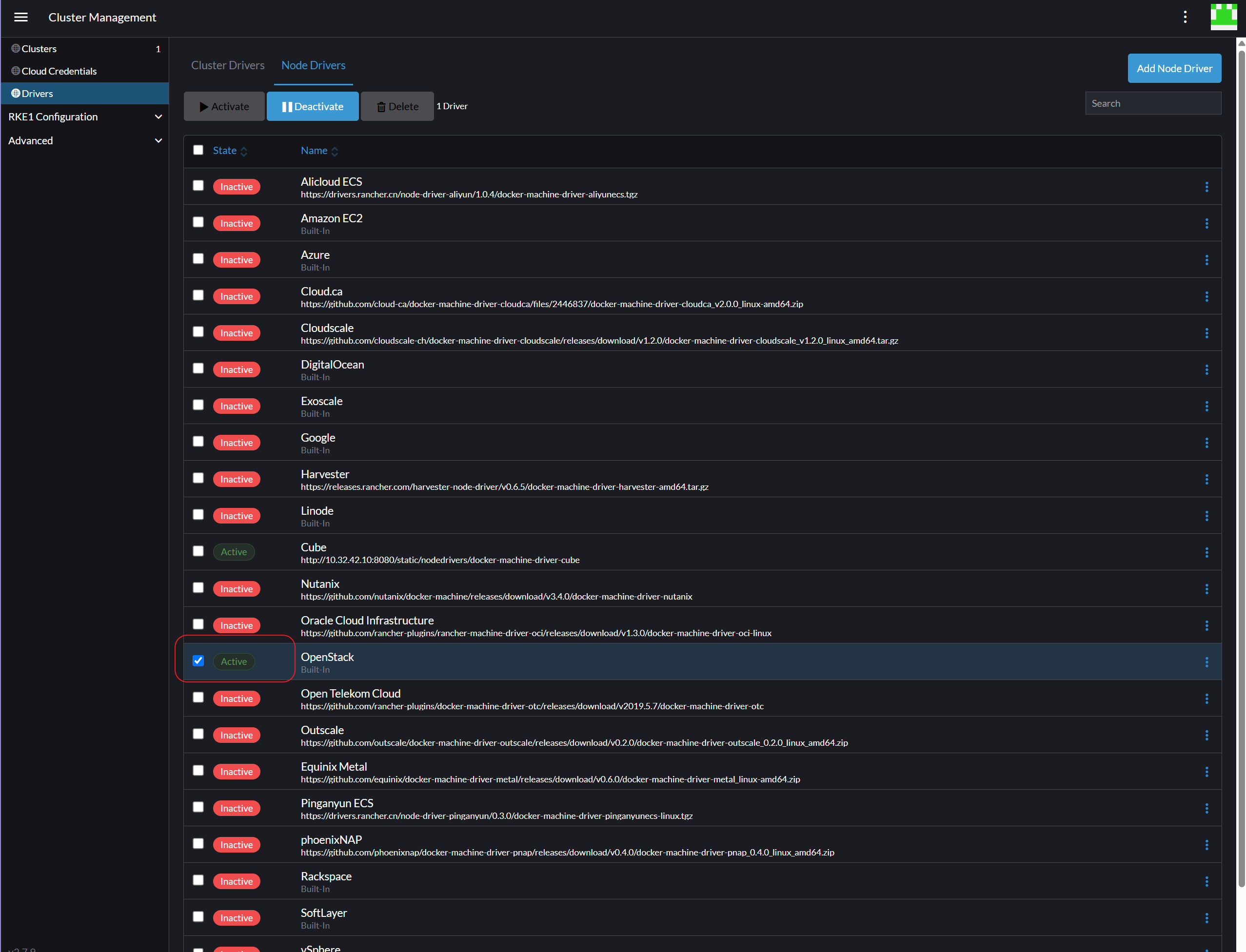 OpenStack ドライバーの状態が「Active」に設定されました