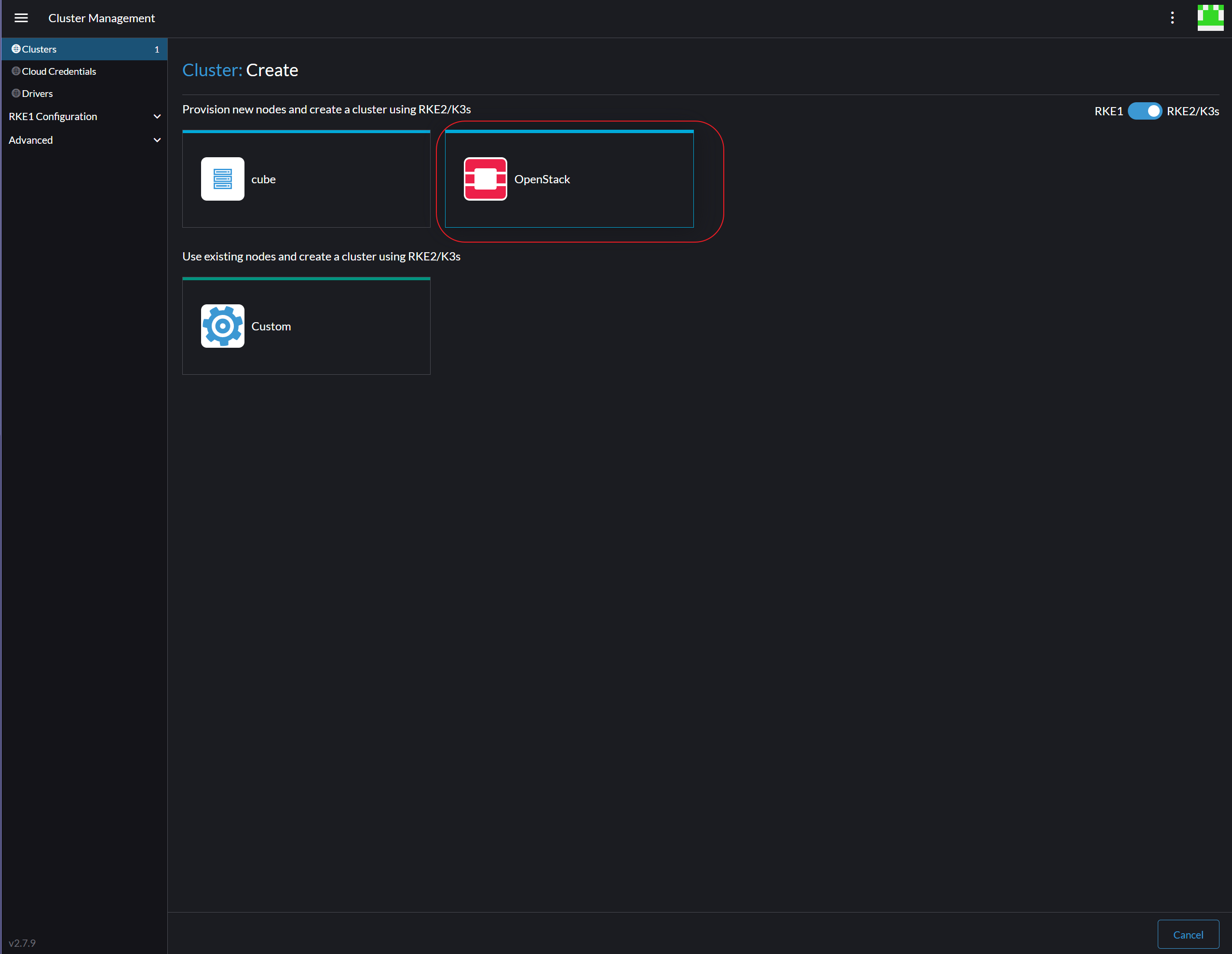 已選取 OpenStack 供應商以建立叢集